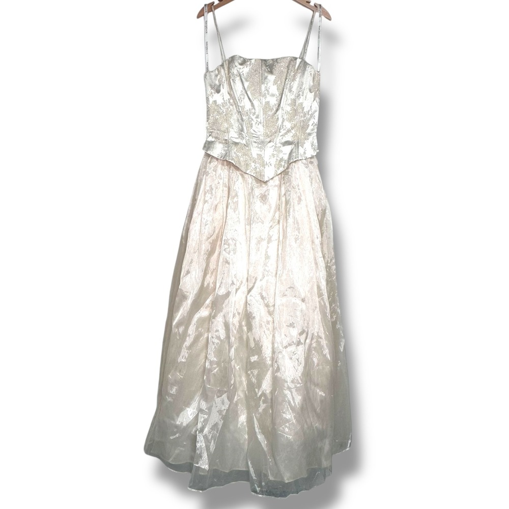Vintage Masquerade 13/14 Formal Gown Dress Corset Bodice Metallic Floral Print‎